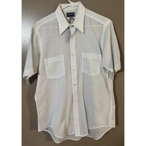 Excello Vintage Geometric Button Up Shirt Short Sleeve Dagger Collar White Retro